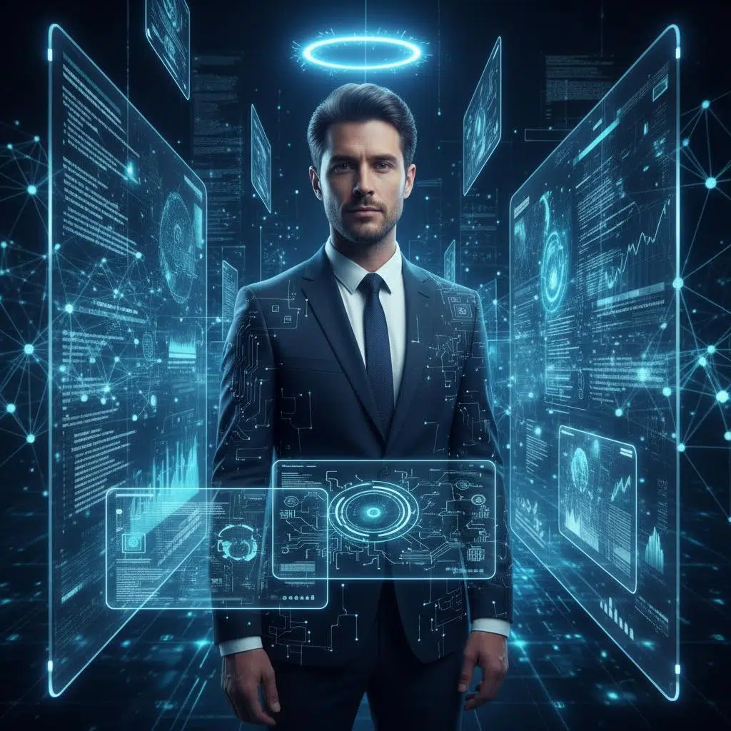 Businessman Surrounded By Digital Interfaces