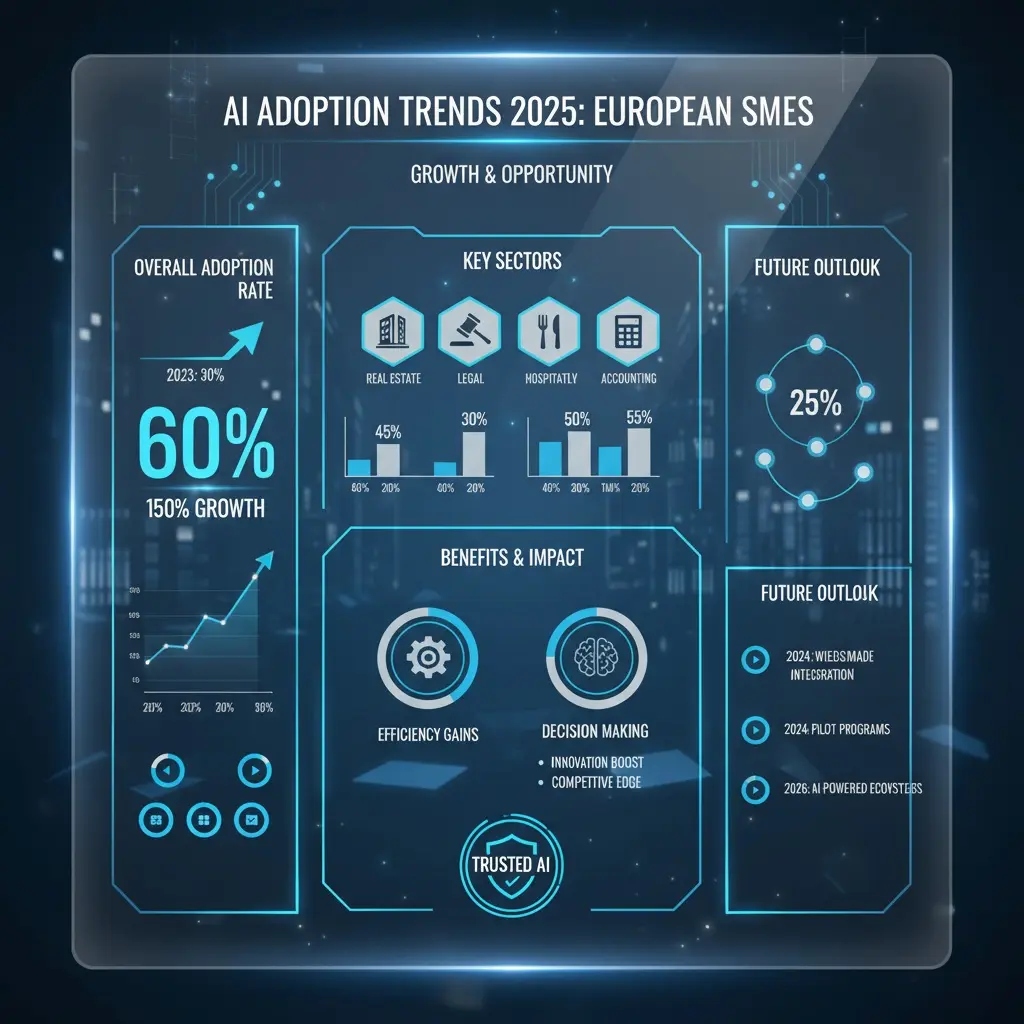 Ai Tools For Smes – Free Vs Paid Solutions 2025 Ai Adoption Trends 2025 Infographic Showing Sme Implementation Statistics, Growth Rates, And SectorSpecific Data For European Businesses