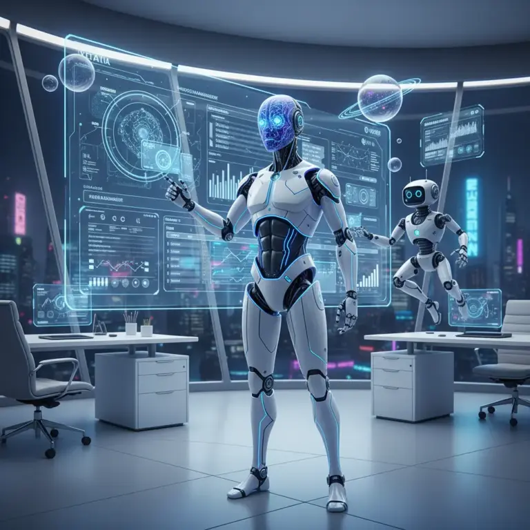 Robots Analyzing Data In Futuristic Office.