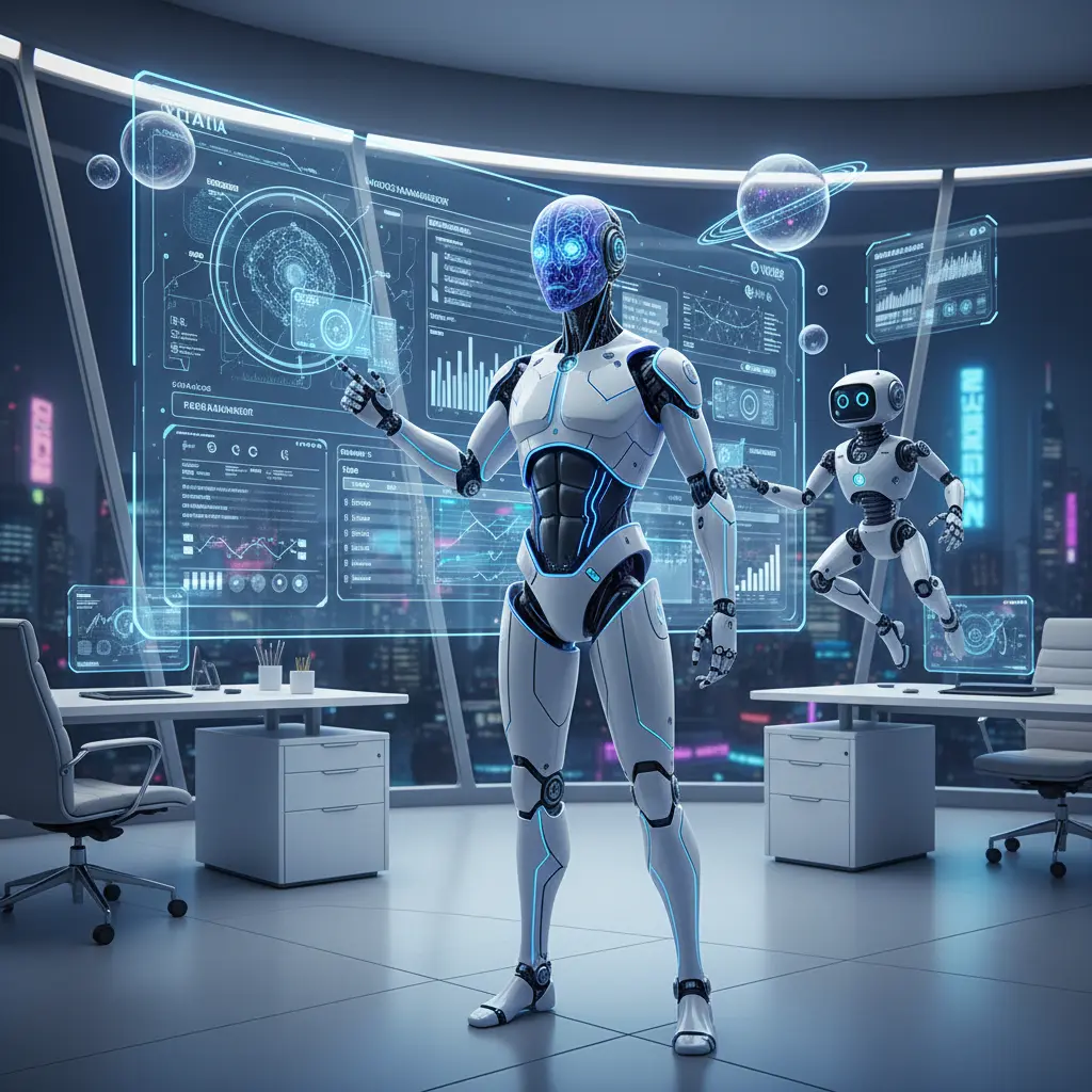 Robots Analyzing Data In Futuristic Office.