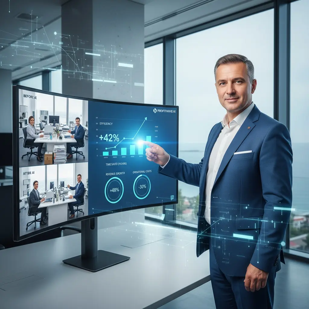 Ai Tools For Smes – Free Vs Paid Solutions 2025 Bulgarian Sme Business Owner Reviewing Ai Automation Results Showing Efficiency Gains And Growth Metrics On Varna AI Ai Dashboard