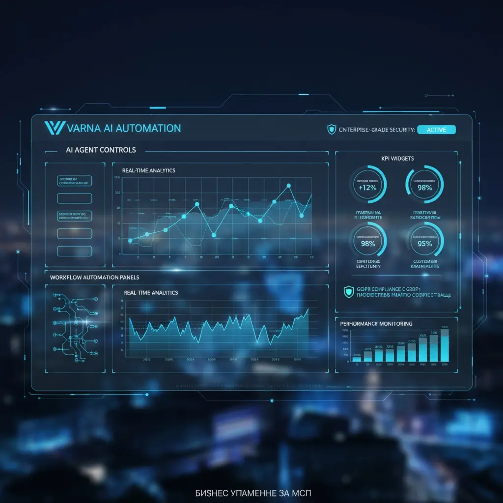 Ai Tools For Smes – Free Vs Paid Solutions 2025 Varna AI Ai Automation Dashboard Interface Showing Business Intelligence Metrics, Ai Agent Controls, And Workflow Automation For Bulgarian Smes